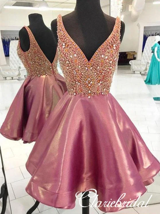 off-the-shoulder prom dressesV-neck Rhinestone Short Prom Dresses, Homecoming Dresses