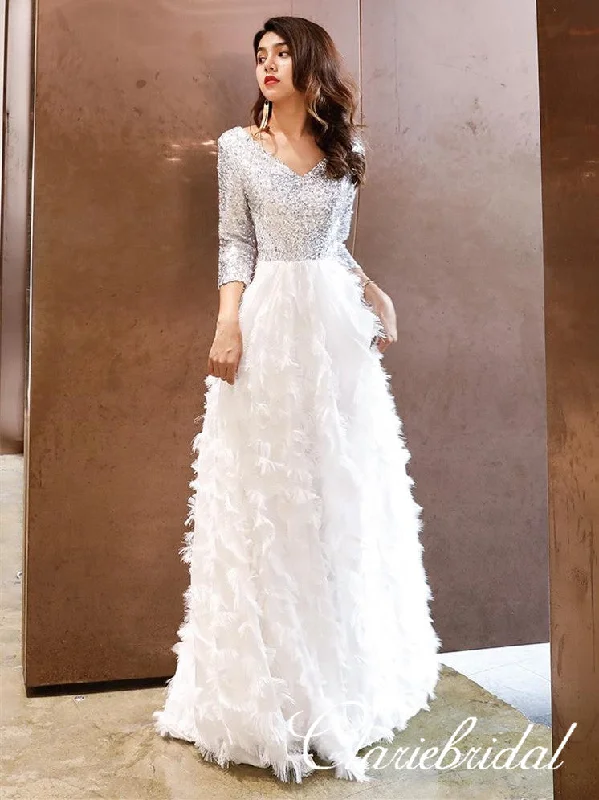 beaded prom dressesV-neck Silver Sequin Top Long A-line White Feather Skirt Prom Dresses, New Arrival Prom Dresses, Long Prom Dresses